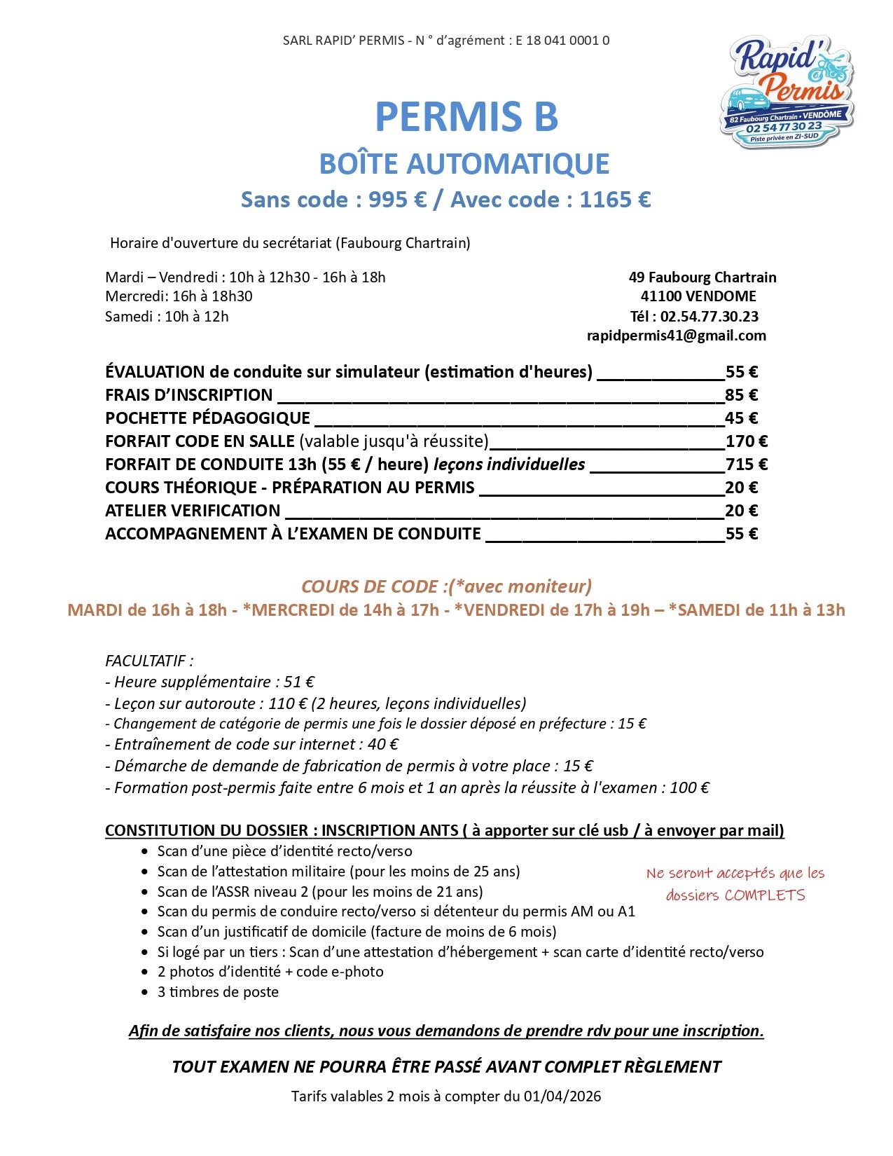 Permis B en boite automatique