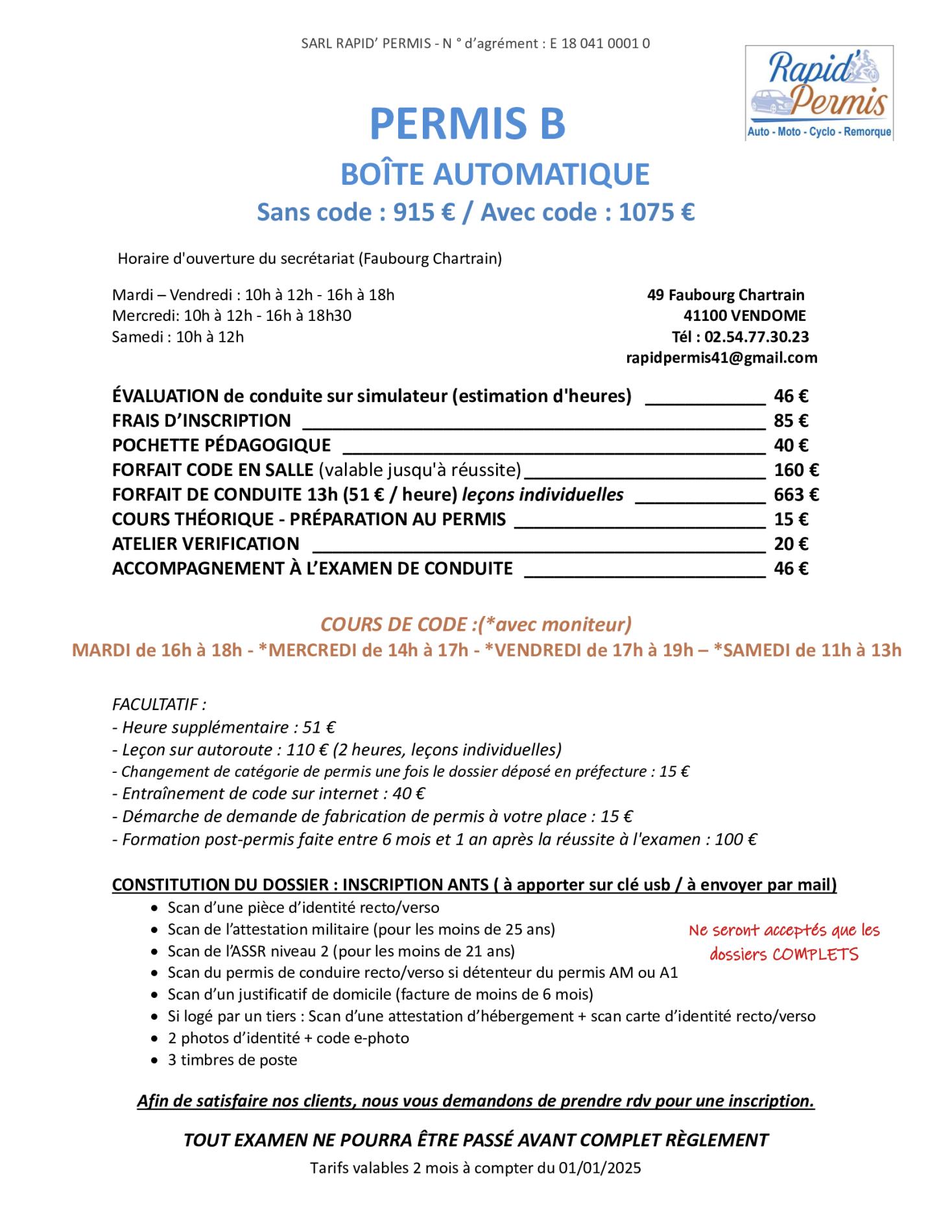 Permis B en boite automatique